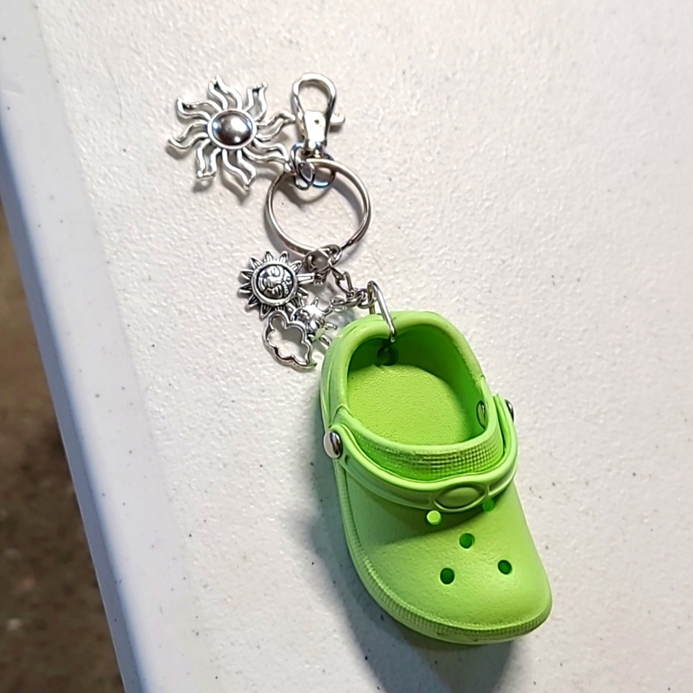 NEW silver tone keychain or bag charm lime green "crock"